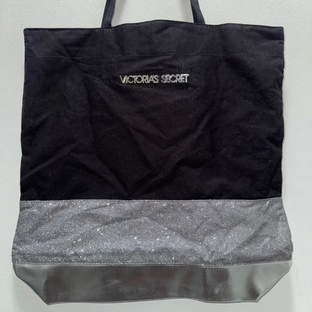 Victoria's Secret Black Silver Glitter Colorblock Tote Bag Metallic Logo